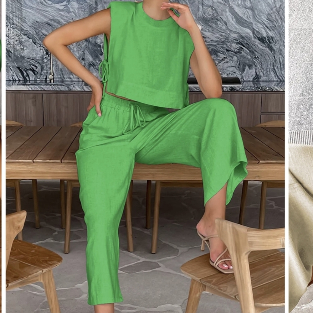Commense Sleeveless Crop Top & Wide-Leg Pants Set Linen Blend L NWT